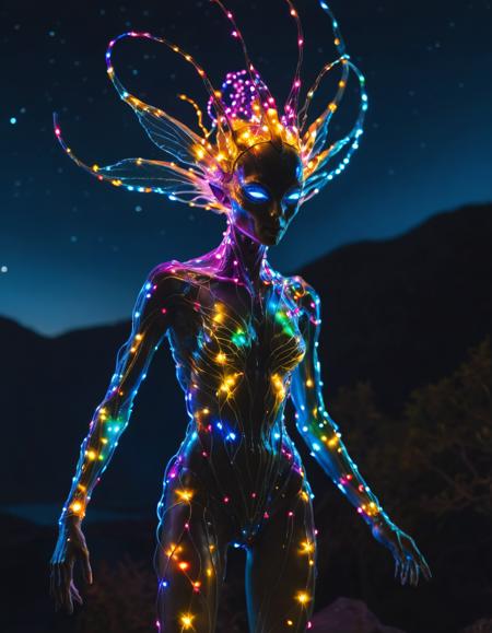 fairy lights, Alien creature, ethereal form, celestial features, vibrant colors, inspired by the surreal work of Pál Balkay