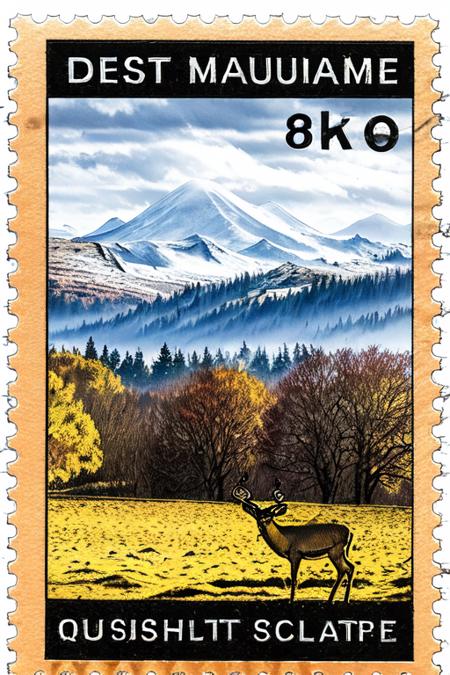 best quality,8k_raw,stamp,design_on_black_background,Autumn scenery, with snow mountains in the distance and deer grazing nearby