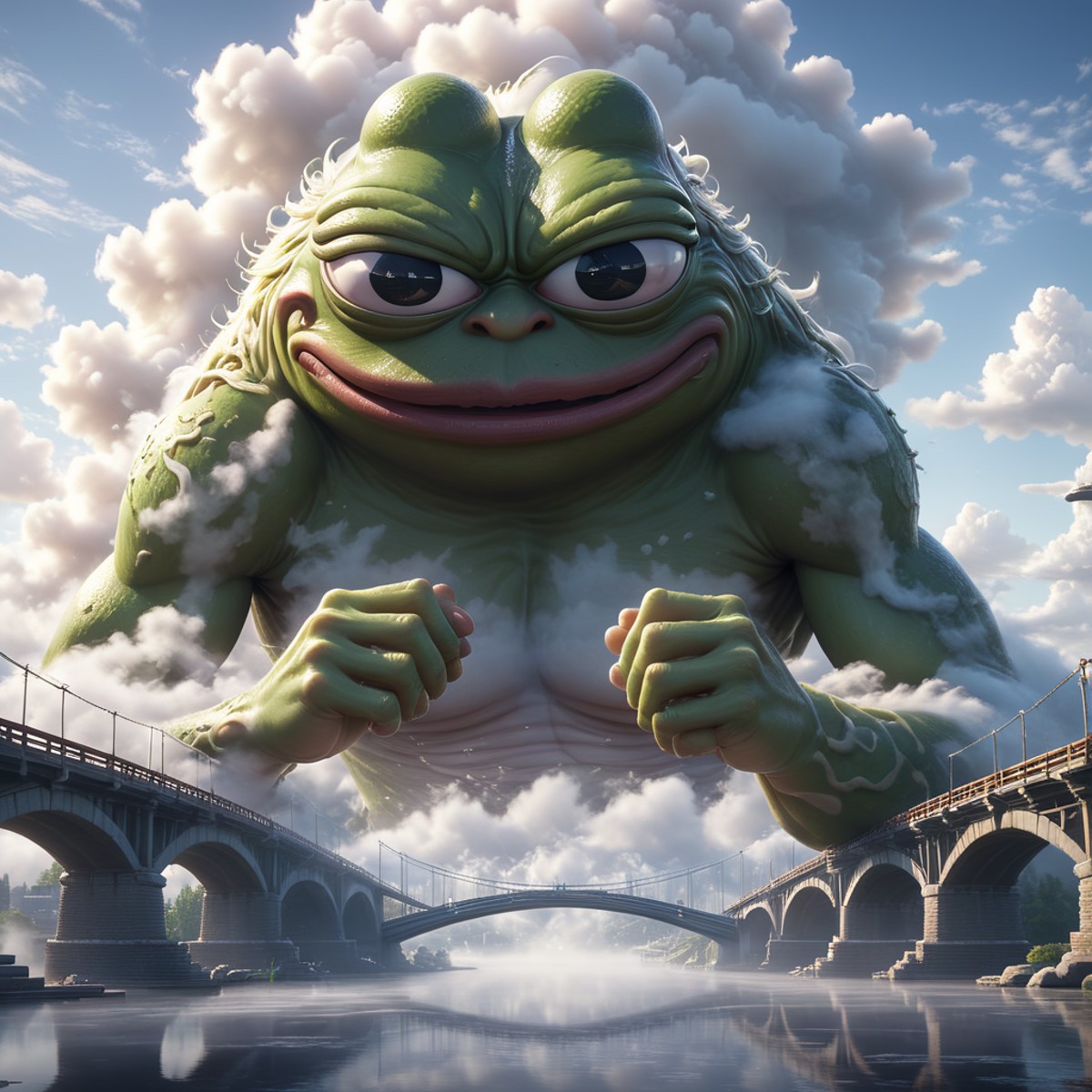 Hyperrealistic art BJ_Sacred_beast,pepe_frog,outdoors,sky,day,cloud,water,blue_sky,no_humans,cloudy_sky,building,scenery,r...