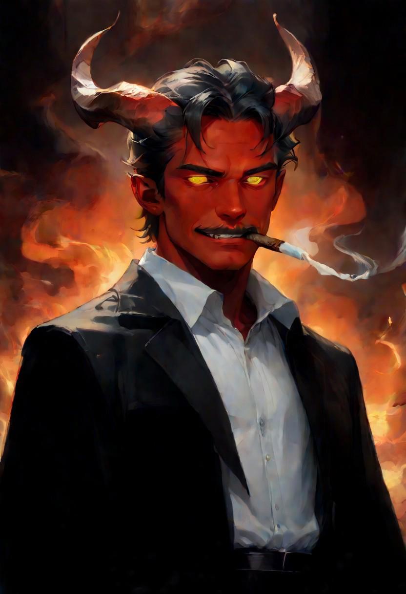 score_9, score_8_up, score_7_up, male tiefling, 1boy, black hair, thin mustache, slicked back hair, short hair, large horns, goat, yellow eyes, demon horns, red skin, black coat with gold details, white shirt, mature male, smoking cigar, hell background, fire background, fantasy art, sfw, dark theme, low light, solo, devil, grin, glowing eyes