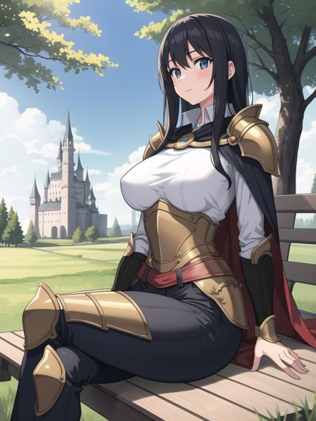 masterpiece,best quality,1girl,outdoors,sitting on a bench,distant trees,shirt,pants,large breasts,armor with cape,[castle]