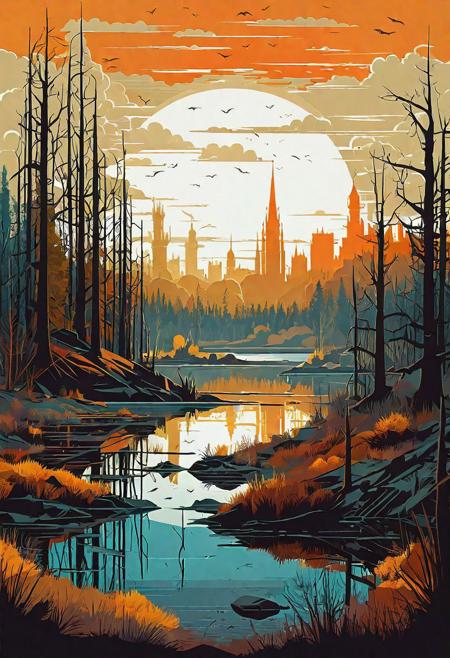 epic landscape, a post-apocalyptic world, seasons, flat vector illustration, different colour palette, muted colors, complex composition, intricate details, hightly detailed, improvisation, by Nikolai Dubovskoy, by Michael Klodt