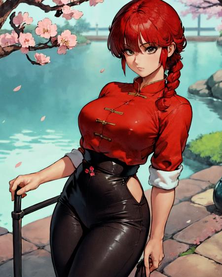 best quality, masterpiece,1girl,saotomeranma, coldwater,(medium breasts),  <lora:ranma_v1:0.8>, ,cowboy_shot,chinese clothes, black pants, red hair, official style, with cherry blossoms and a japanese garden in the background