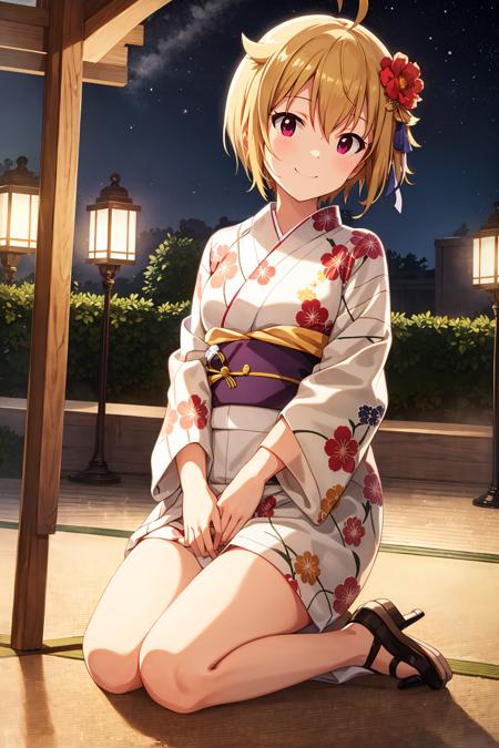 tsubasa ibuki \(million live\),(best quality, 8K, masterpiece, HDR, ultra detailed:1.2),cinematic angle,
night,sky,beautiful clouds,detailed background,constellation,starry sky,
1girl,solo,shiny skin,head tilt,slight smile,full body,wide shot,
(kimono, floral print, obi, ribbon, yukata:1.2),snowflakes,thighhighs,reflective floor,