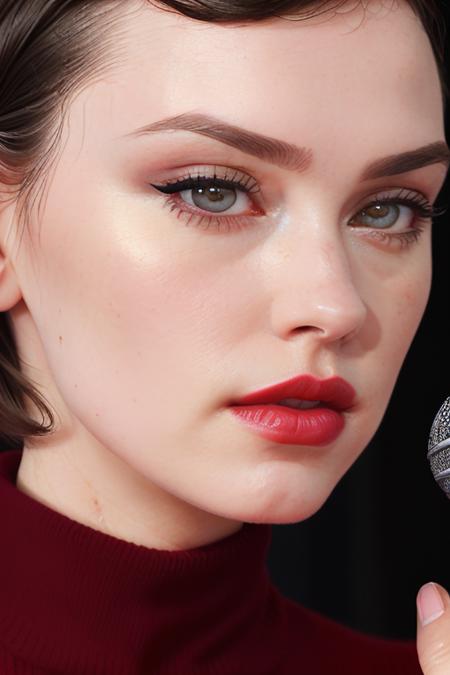 photo of daisyr-1836:0.99, a woman, ((pale skin)), ((short hair, pixie cut):1.1), ((turtleneck sweater, microphone, desk)), ((closeup, portrait)), (((red lipstick,eyeliner, eye shadow, blush):1.1))), ((best quality, masterpiece, extreme details, high resolution):1.2),((detailed eyes, beautiful eyes, detailed face, beautiful face):1.2)