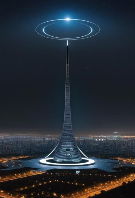 A stately pleasure-dome decree:
Aleph Tower, centre for the AI that rules the Human civilization, in a glittering city of glass and shining metal,
   bright sunlight under a pitch black sky.
So twice five miles of urban sprawl,
With walls and towers  girdled round;
In center: a black circle in bold lines intersected by a thick X, symbol,
Photographer Reuben Wu Style