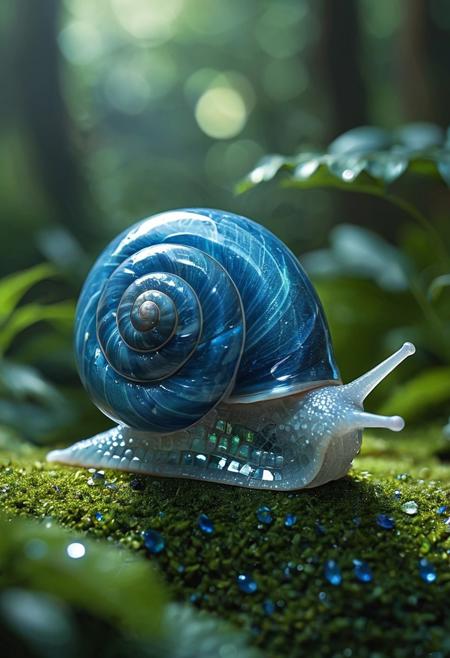 highly detailed image of a snail crafted entirely from blue gemstones. The snail's shell should be intricately designed, showcasing a variety of blue hues—from deep sapphire to light azure—reflecting light in a way that creates a sparkling effect. Each gem should be cut and polished to perfection, emphasizing the snail's natural spiral shape.
The body of the snail should be smooth and translucent, resembling a delicate layer of crystal, with subtle hints of iridescence. Surround the snail with a soft, blurred background of lush greenery, highlighting its vibrant blue color. Include gentle light reflections and shadows to enhance the three-dimensional quality of the gem snail, creating a captivating and enchanting scene.
style of greg rutkowski,janek sedlar,jenny saville:0]  <lora:vivid_everclear:0.35>  <lora:Sinozick:0.35>  <lora:MJ52:0.35>