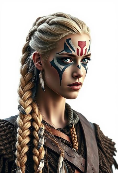 Realistic phoo of a Viking warrior woman with braided hair, wearing war paint on her face, feathers in her long blonde braid, looking forward, white background, high contrast, low color palette, fantasy style, detailed --chaos 55 --ar 1:2 --personalize yruxpc2 --stylize 750 --v 6.1