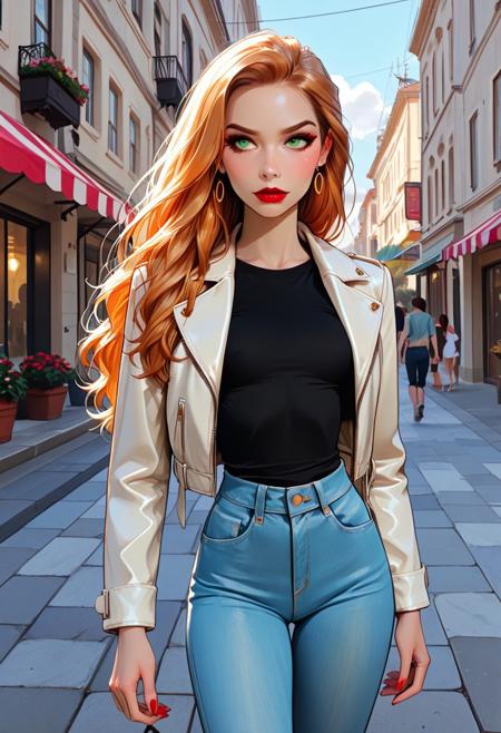 score_9, score_8_up, score_7_up, (best quality:1.1), detailed skin, beautiful, smooth edges, outdoors, seafront, promenade, 1 girl, Sandy, very long straight ginger hair, perfect nose,  18 years old,  perfecteyes, green eyes, red lipstick, makeup, eye shadow, thick eyelashes, eyeliner, tiny breasts, skinny, blue jeans, black t-shirt, cream leather jacket
