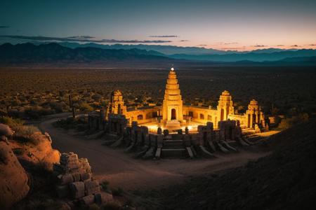 (tall ancient stone towers; 1.39) (temple complex emerging from landscape: 1.39) raw photo, a sunset landscape, Arizona desert, Saguaro Cactus, Tall Mesa,  cozy, photorealistic, high detailed texture, 8k uhd, dslr, soft lighting, high quality, film grain, Fujifilm XT3, Sony A7 IV, highly detailed photography, (muted colors, cinematic, dim colors, soothing tones:1.2), vibrant, insanely detailed, hyperdetailed, (dark shot:1.2), (vsco:0.3), (intricate details:0.9), (hdr, hyperdetailed:1.2) (highest coherency: 1.39) (highest quality: 1.39) (rule of Thirds) (award winning) (breathtaking) (masterclass) (vibrant color: 0.79) (distant hillside) (cinematic lighting, David Park, lights,)