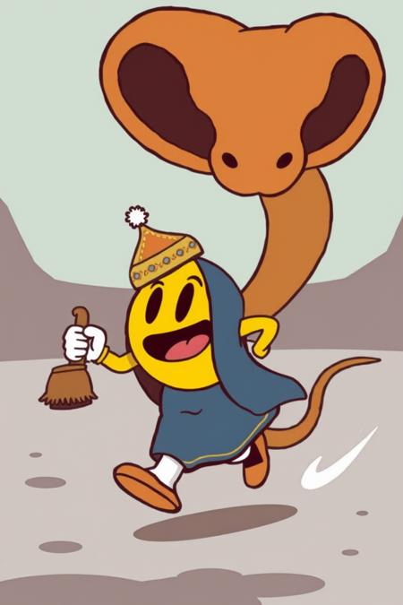 illustration of pacman dressed as a Moroccan snake charmer running away from a big snake, cartoon, simplistic,