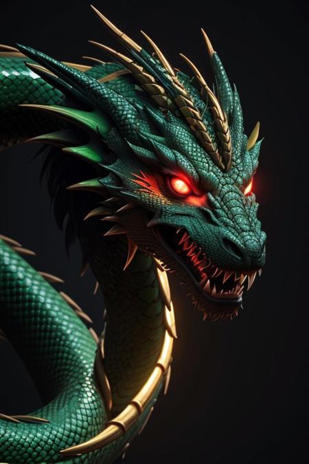 Asian dragon , green, red, gold snake gradient vibrant neon colour, rough, textural, broad brush strokes, red color prominent detailed, alienzkin, silhouette, spotlight, dark theme, c4d, blender, raytracing, unreal engine 5, render 3d, face close up,