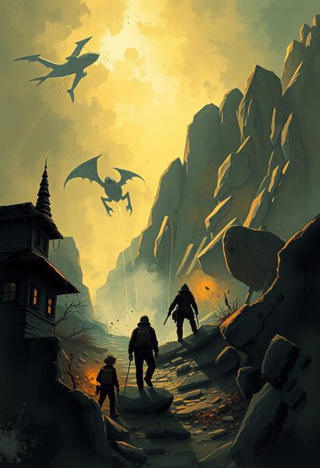cinematic painterly lighting, bold expressive ink linework, rich atmospheric depth, muted earth tones with glowing highlights, semi-realistic yet whimsical storytelling, dynamic composition, noir adventure meets storybook fantasy