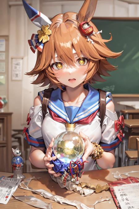 masterpiece, best quality, 
matikanefukukitaru \(umamusume\), 
upper body, big crystal ball, crystal ball on table,
school uniform, serafuku, blue sailor collar, clothing cutout, shoulder cutout, short sleeves, white shirt, red neckerchief, backpack, bead bracelet, maneki-neko,<lora:matikanefukukitaru_lora_0.985:0.8>