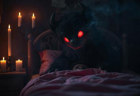 close-up other the shoulder of a black deamon like teddy made of dens black smoke, houvering ghostlike over a pink childs bed, only his red glowing grimm smile showing his horrific presence. in the bed is a scarred young ape face hiding under a pillow. soft fog raines like drops in slow-motion, glowing from the candles sorounding the bed. filling the dark black room in dramatic lighting whispering horror.
Shot with a full-frame DSLR, 85mm lens at f/1.8 for shallow depth of field, ISO 400, 1/100 shutter speed. dimm light enhanced with slight post-processing contrast boost and warm tone grading. creating a feeling as unsettling as compelling.