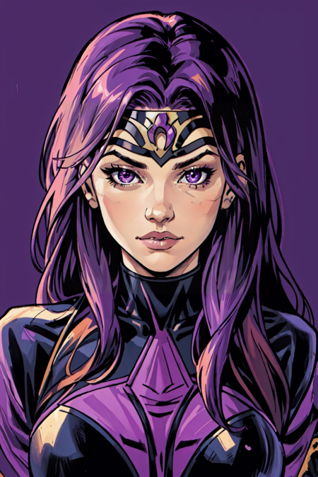 masterpiece, official art, best quality , extremely detailed, dskheroes, 1girl, solo, long hair, looking at viewer, simple background, butterfly mask, purple hair, purple eyes, black background, portrait , <lora:Heroes_Style:0.6>