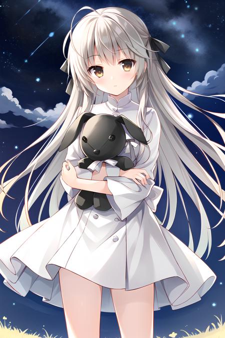 ((masterpiece:1.4, best quality)) ,Kasugano Sora,1girl,brown eyes,dress,stuffed toy,stuffed animal,stuffed bunny,
outdoor,cloud.night,star,starry sky,depth of field,wind,cowboy shot,(star \(symbol\)),
,happy,standing,