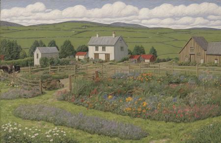 style of Henry Moret, garden ,yard ,ranch ,patch ,farm ,field , Tundra ,