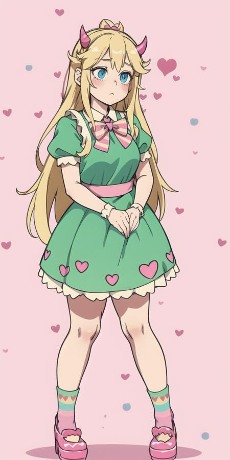 Blonde hair, pink horns, blue eyes, heart-shaped cheek marks, green dress, <lora:Star_Butterfly:1>, striped socks, standing, hearts in the cheeks