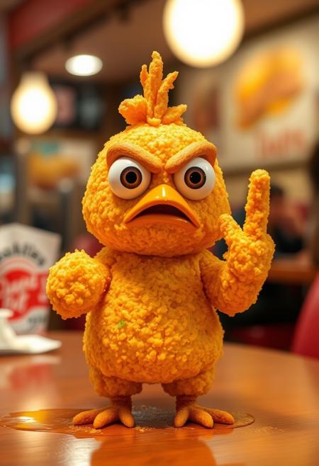 Angry chicken nugget with large eyes standing on fastfood diner table showing middle finger, blurry diner background