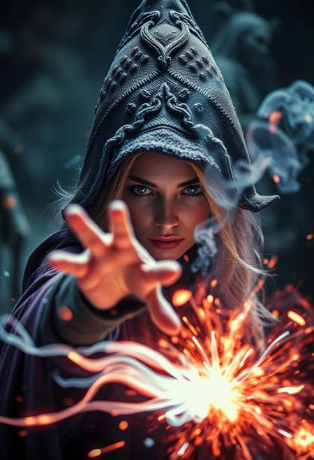 fantasy movie still, HDR, RAW. Photography. MAGICpunk battle and female wizard casting spell and magic vortex, fantasy world, Stunning visuals, Texture, beautiful face features.