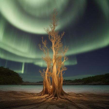 “In a single still frame, show a towering, bio-luminescent mangrove tree rising from crystalline waters that refract intricate fractal patterns onto massive, translucent petals above. Within each petal, nested micro-worlds mirror shifting auroras and drifting spores. Shimmering vines, encrusted with ornate shells and pearls, coil among swirling mist lit by diffuse golden sunlight. Every surface is textured with hyper-detailed engravings, revealing subtly hidden glyphs and impossible, non-Euclidean geometry—an otherworldly fusion of lush nature and arcane complexity.”