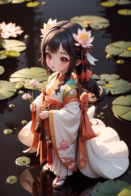 Guofeng_blindbox, Best quality, masterpiece, 1 girl, solo, blindbox 3D character, a Chinese girl in white Hanfu,Standing in the lotus leaf, set in a Chinese-style scene, brigde, ((lotus)), reflection, blue sky, 
 <lora:Guofeng_mengwan_v1:0.7>