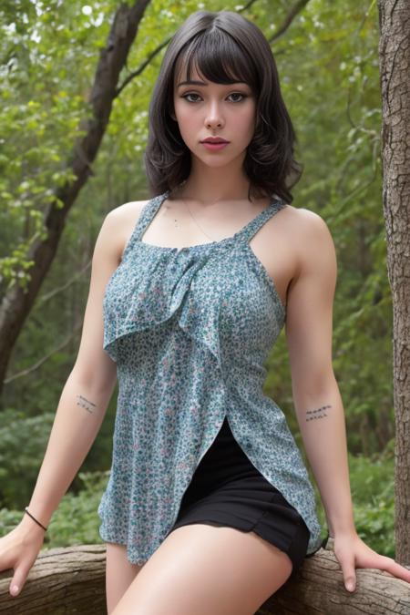 beautiful eyes, looking at veiwer, closeup portrait face, best quality, upper body, bfptty, woman standing, wearing cute sundress in forest, nikon d850 film stock photograph 4 kodak 400 camera f1.6 lens rich colors hyper realistic lifelike texture natural lighting trending on artstation cinestill 800, (100mm lens), sexy pose, tone body, <lora:leanbeefpattyV3:1>, black hair, mature face