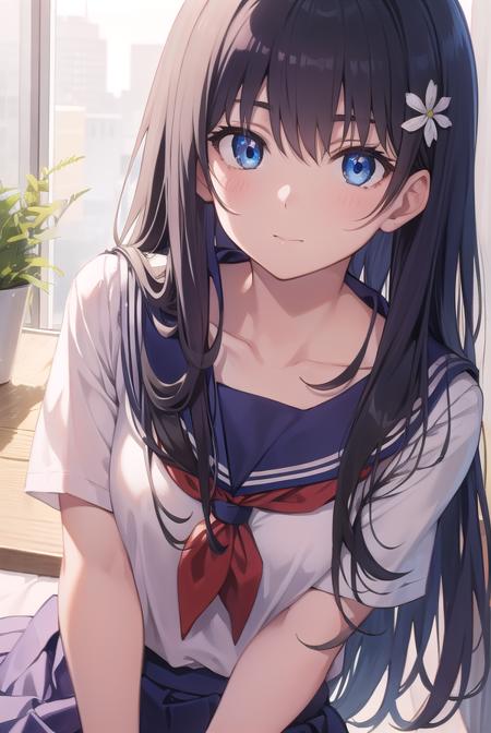 satenruiko, <lora:satenruikotest:1>, saten ruiko, black hair, blue eyes, long hair, hair ornament, flower ornament, (flat chest:1.2),
BREAK blue skirt, pleated skirt, sakugawa school uniform, school uniform, serafuku, skirt, summer uniform,
BREAK looking at viewer,
BREAK city,
BREAK <lora:GoodHands-vanilla:1>, (masterpiece:1.2), best quality, high resolution, unity 8k wallpaper, (illustration:0.8), (beautiful detailed eyes:1.6), extremely detailed face, perfect lighting, extremely detailed CG, (perfect hands, perfect anatomy),