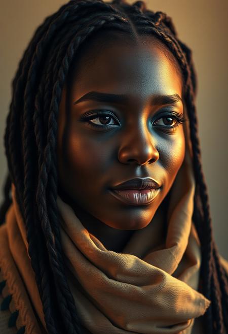 Portrait, a crying black beautiful woman with a scarf, Beautiful dreadlocks, Makeup, Octane render, 8k, Beautiful lighting, Golden ratio composition