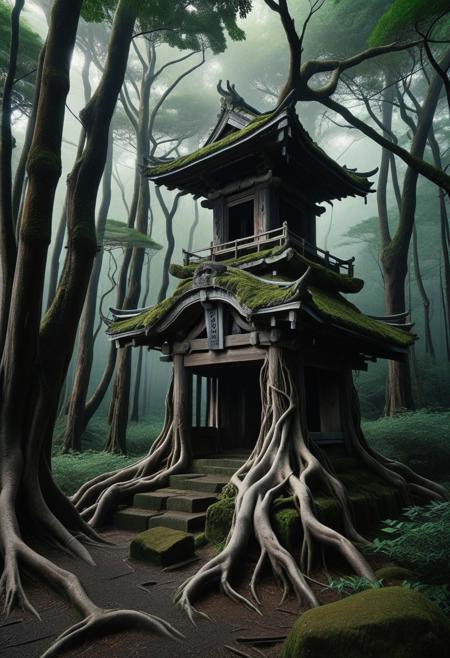 8k, morph-treeroots, Raw digital photo, Ancient dilapidated Japanese shrine wrapped in old tree roots, Overgrown with vegetation, Dense forest, thick fog, Full Colour, 80mm, simple dark background,