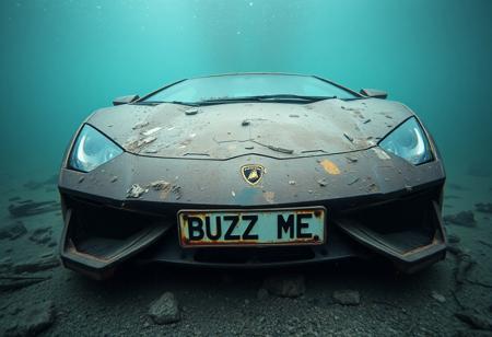 Totally Rusted wreck of Lamborghini Temerario underwater rusted number plate with text "BUZZ ME", cinematic, post apocalyptic look, seabed, view from front