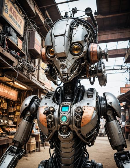 nomad trading post, traveling merchants, bartering, diverse goods (combustion, worm's eye view:1.2), Cybernetic robot , android, AI, machine, metal, wires, tech, futuristic, highly detailed, (masterpiece, intricate details:1.2)