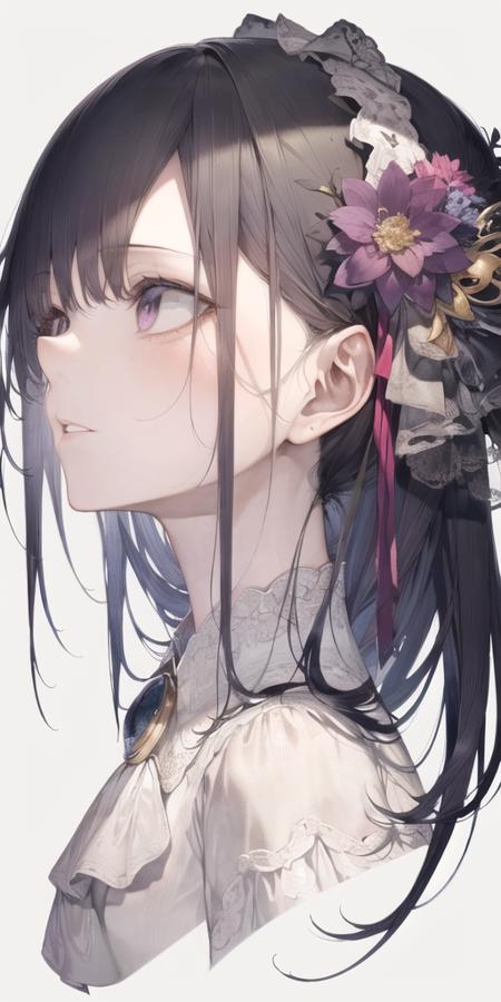 1girl, solo, white background, hair ornament, simple background, looking up, flower, bangs, black hair, hair flower, purple eyes, parted lips, portrait, sidelocks, from side, ascot, upper body, profile, cropped shoulders,<lora:hito_loha_v1d:0.7>