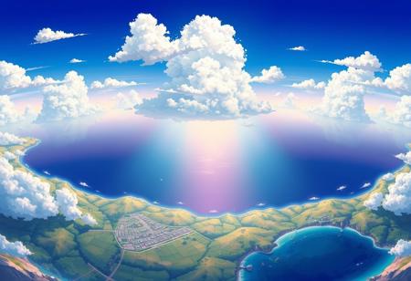 a seamless tiling panorama view, very detailed, vivid colors, anime-style, of a sky with few clouds and a coastal landscape below