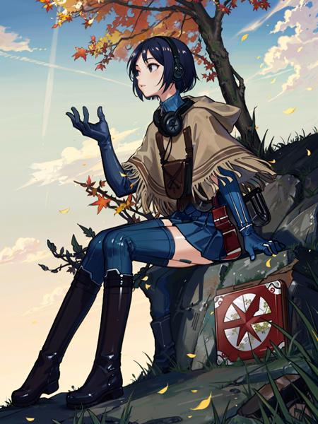 isara\(valkyrie\), 1girl, solo, short hair, thighhighs, black hair, gloves, sitting, uniform, leaf, military, tree, poncho, military uniform, black eyes, skirt, fringe trim, autumn, outdoors, headphones, autumn leaves, day, grass, boots, black thighhighs, original, intricate detail, illustration, masterpiece, extremely detailed CG unity 8k wallpaper, highlight, sharpening, dynamic,  <lora:Isara:0.5>