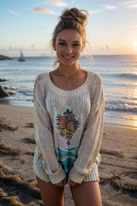 photo of a beautiful Dutch girl, 20 years old, beautiful face, detailed face, detailed eyes, messy bun,
tropical island beach, sunset,
masterpiece, professional photography, very detailed, ultra realistic, 4k, hdr,
 <lora:breastsizeslideroffset:-0.2> <lora:hair_length_slider_v1:-0.5> <lora:skin_slider_v2_1_FACE:0.7> <lora:skin_tone_slider_v1:-0.5> <lora:weight_slider_v2:-0.5>
 <lora:detail_slider_v4:2> <lora:epiC35mm:0.5> epiC35mm <lora:contrast_slider_v10:1> <lora:epiCRealismHelper:0.6>,  <lora:emotion_happy_slider_v1:2>,
 <lora:oversized_sweater:0.3> oversized_sweater, top view,