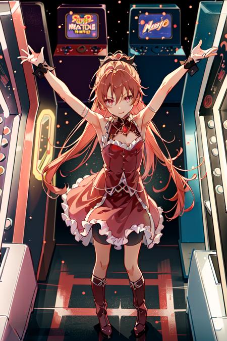 pmmmKyouko, 1girl, solo, cowboy shot, from above, (\(detailed shiny anime style eyes\)), flat chest, detailed textures, neon lights, (standing on an arcade dancing machine), posing, casual pose, aesthetic, intricate, neon lights, sharp focus, <lora:KyoukoSakura:1>