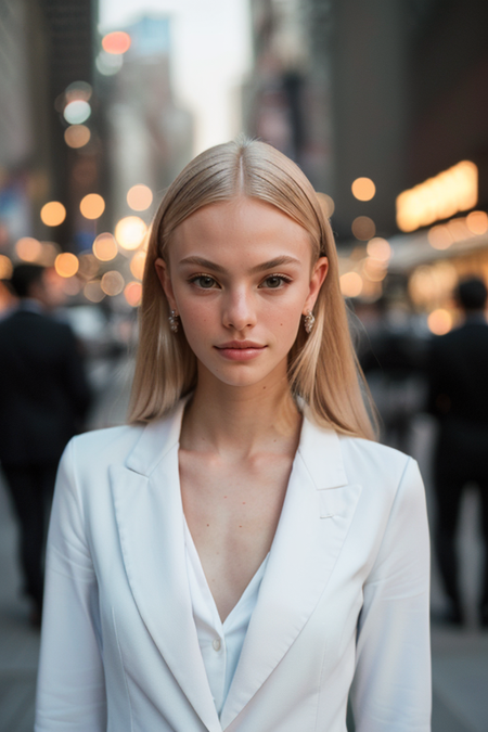 ImogenHarvey, photography by (Rodney Smith:1.3), ((upper body focus, shoulders)), modelshoot, pose, (business suit, black jacket, white blouse, facing viewer, busy Manhattan sidewalk, looking at viewer, blurry background, bokeh, ID photo:1.3), serious look