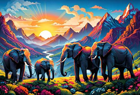Vibrant and dynamic illustrations and vectors, bursting with color and life, offer viewers a visual feast for the eyes.. a group of elephants standing in front of a mountain, dan mumford. maya render, photorealist, sunshine lighting high mountains, paisley, journey, elephants. These high-quality images are a celebration of creativity and artistry, showcasing the talent and skill of the artist behind them.