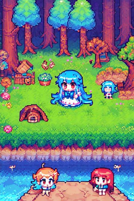 masterpiece, best quality,  pixel art ,  Game scene
1girl ,blue dress, sailor collar, bowtie, (chibi:1.3)
very long hair, blue hair, multicolored hair, blush, 
 grass, tree, scenery, water,