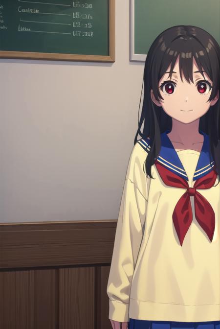 inarifushimi, <lora:inari fushimi s1-lora-nochekaiser:1>,
inari fushimi, long hair, black hair, (red eyes:1.3), smile,
BREAK skirt, school uniform, serafuku, blue sailor collar, shirt, (light yellow shirt:1.5), long sleeves, blue skirt, neckerchief, (red neckerchief:1.5),
BREAK indoors, classroom,
BREAK looking at viewer, (cowboy shot:1.5),
BREAK <lyco:GoodHands-beta2:1>, (masterpiece:1.2), best quality, high resolution, unity 8k wallpaper, (illustration:0.8), (beautiful detailed eyes:1.6), extremely detailed face, perfect lighting, extremely detailed CG, (perfect hands, perfect anatomy),