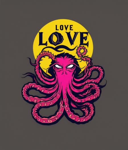 mockup, (retro  80-s style, Lovecraft, tentacles), writing saying love, colorful, punk-rocker punk from 1980, vintage style, (t-shirt design, logo, badge)