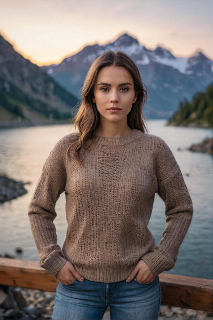 a RAW photo, portrait of katerich, wearing sweater, jeans, belt, alpine lake at background, cinematic shot, volumetric lighting, detailed eyes and face, magnificent, epic, sharp focus, dlsr, rim lights, blurry background, best quality, highly detailed, masterpiece, 8k, <lora:add_detail:1>, <lora:KateRich:1>,