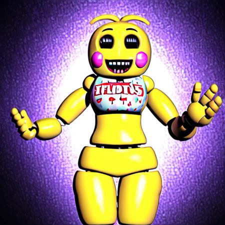 <lora:FNAF:0.75>, (ToyChicaFNAF) FNAF, ToyAnimatronic, chicken, official, solo, yellow body, beakless