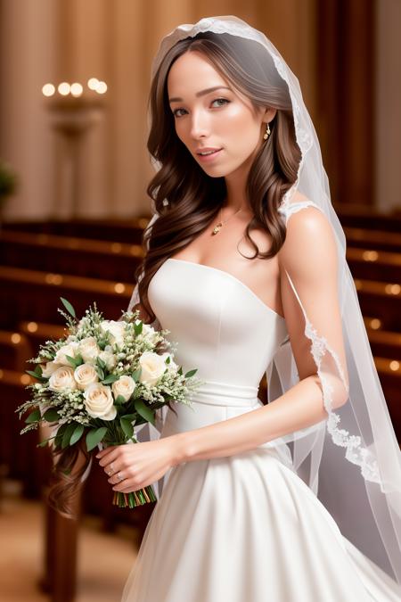 A professional photo of  CIARA_OD:1 wearing a wedding dress in a church. flower bouquet. (8k, RAW photo, best quality, masterpiece:1.2), (realistic, photorealistic:1.37), best quality, hyper detailed, highres, 1girl. ((depth of field)). bokeh:1.3. ((Female focus)). warm lighting, RAW format. Canon. Nikon.