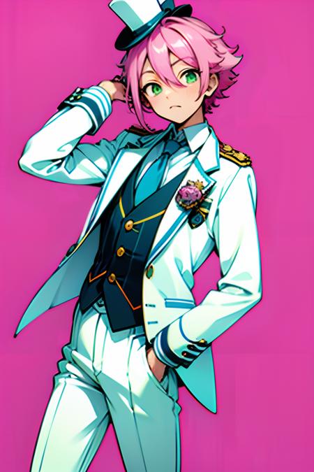 tori_himemiya, pink_hair, green_eyes, 1boy, long_sleeves, pants, white jacket, formal, ribbon, epaulettes, standing, striped, dark blue vest, suit, blue_neckwear, shirt, simple_background, buttons, idol outfit, white pants, headwear, mini top hat, white hat,