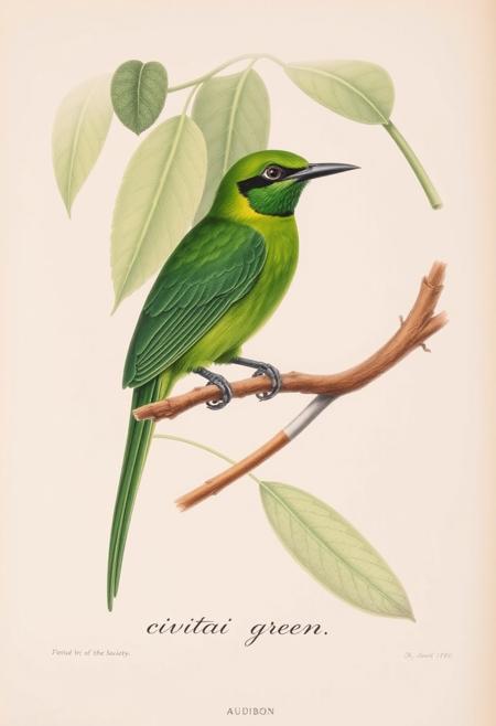 Audubon society drawing of an exotic bright iridescent green bird found deep in the amazon, bird is perched on a branch, various green leaves in the background, at the bottom of the print civitai green is written small in cursive script