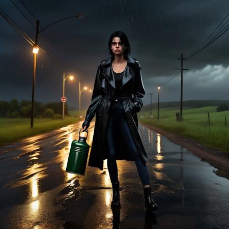 A young woman walking along a desolate country road in the middle of nowhere at night in drizzling rain. She is wearing black jeans and a dark trench coat. Her dark hair is soaking wet from the rain. In her hand she is holding a gasoline can indicating that she have run out of gas and is walking to find a place to get some spare gas.