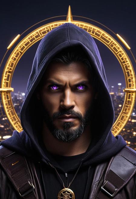 fantastic images. a close-up portrait of a dark sided man with striking bright neon purple eyes, ringed eyes, long dark brown and gray jaw-length hair partially visible under a black hood and subtle facial features, including a gray beard clear. Forehead and neck tattoo. He wears a textured black knit hoodie that covers his ears and extends over his neck, with a darker brown jacket underneath. A neon purple tactical harness strap is visible on each shoulder. His face has a slight whiteness. His expression is neutral but intense, looking directly at the viewer. Behind him is a large golden-colored circular structure resembling an ancient zodiac wheel or celestial compass with intricate patterns, luminous symbols and Roman numerals. This mystical element casts a glow around its head, creating a halo effect. He carries a metal sword in the shape of a samurai. The background reveals a futuristic cityscape with tall spiers and towers in various shades of brown and gold, suggesting a dystopian environment.